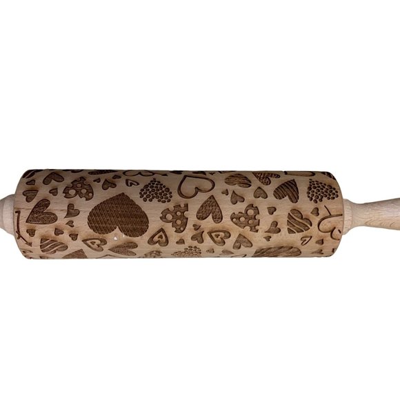 WOODEN Rolling Pin Embossed Hearts Print Bakers Tool Kitchen Accessories 15" - Picture 3 of 5